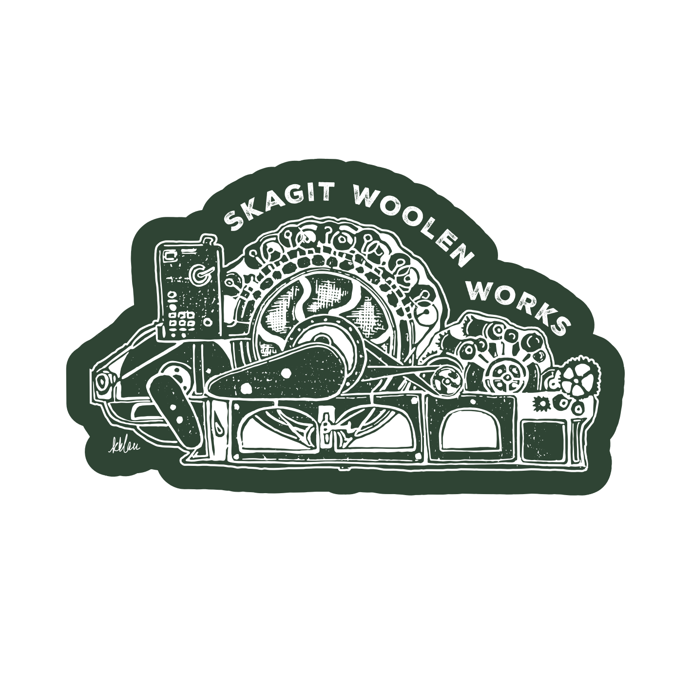 A dark green sticker printed with a white woodcut style image of an industrial carder with "Skagit Woolen Works" above it.