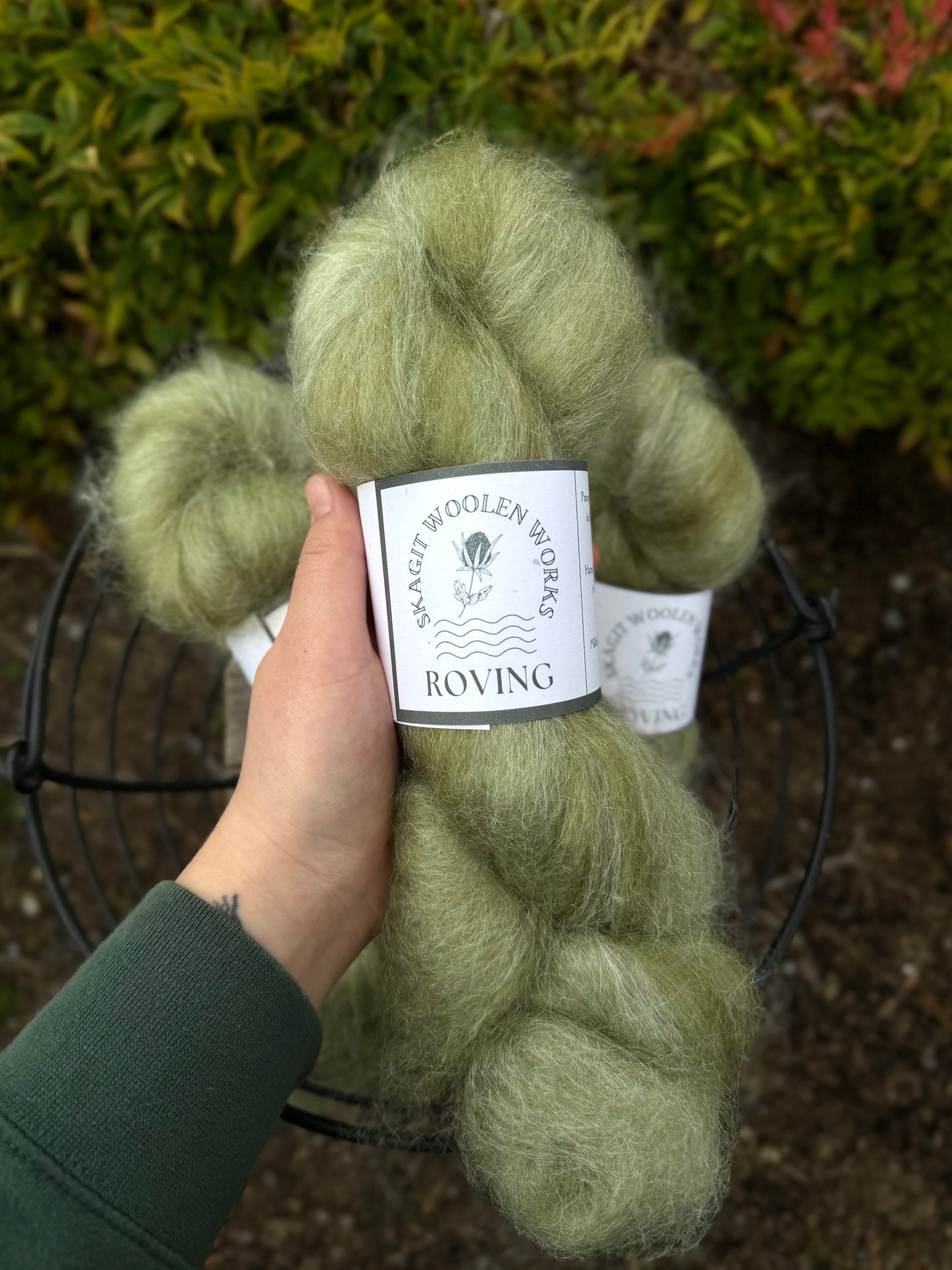 Hand holding a hank of pistachio green wool and silk roving with a label above a basket of roving and a blurred natural background.