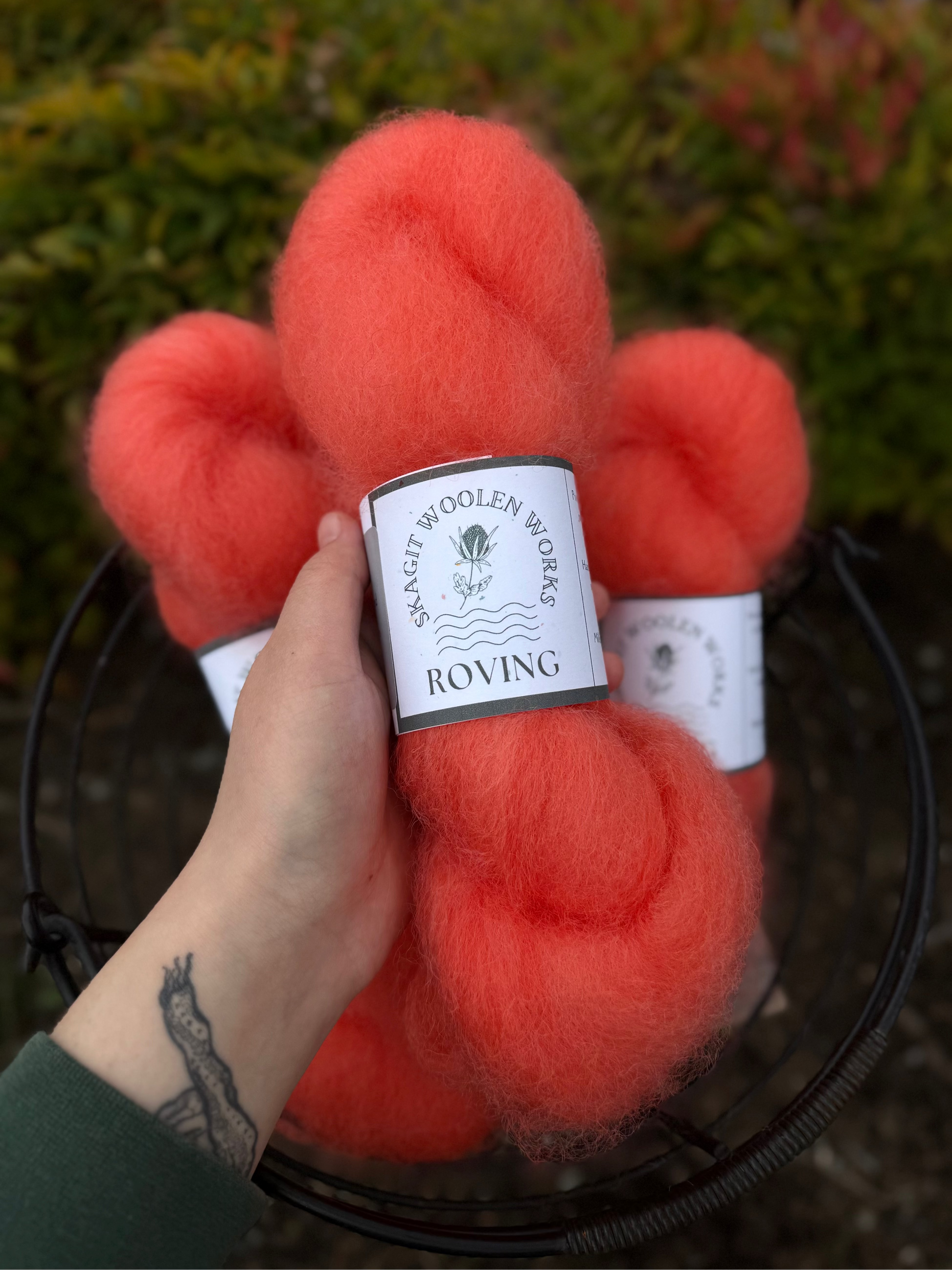 Hand holding a hank of neon coral Coopworth wool roving with a label above a basket of roving and a blurred natural background.