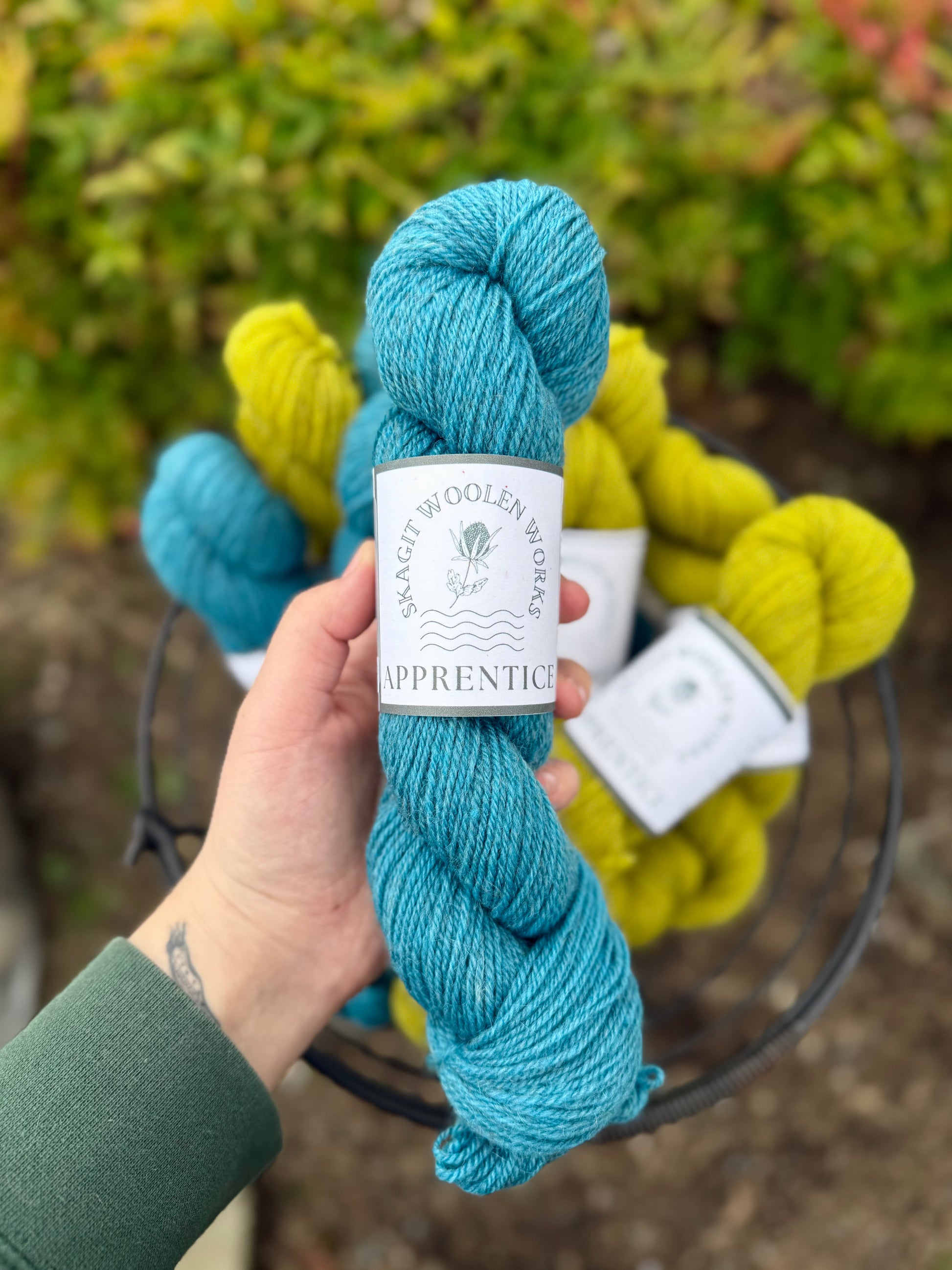 Hand holding a skein of blue yarn with a label above a wire basket of yarn in the background.