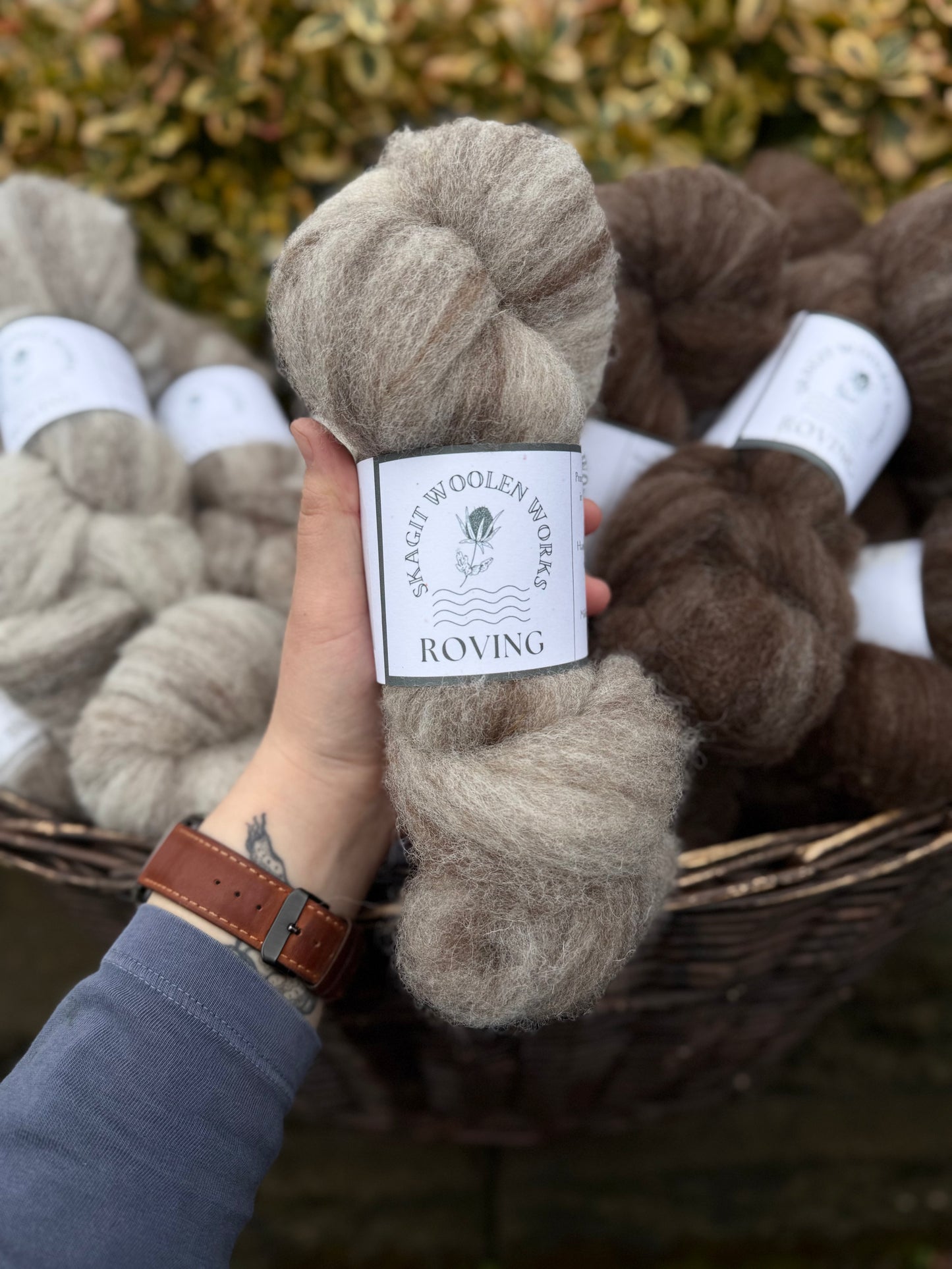 Hand holding a hank of a warm grey and bown multi Jacob wool, surrounded by more hanks in the background.