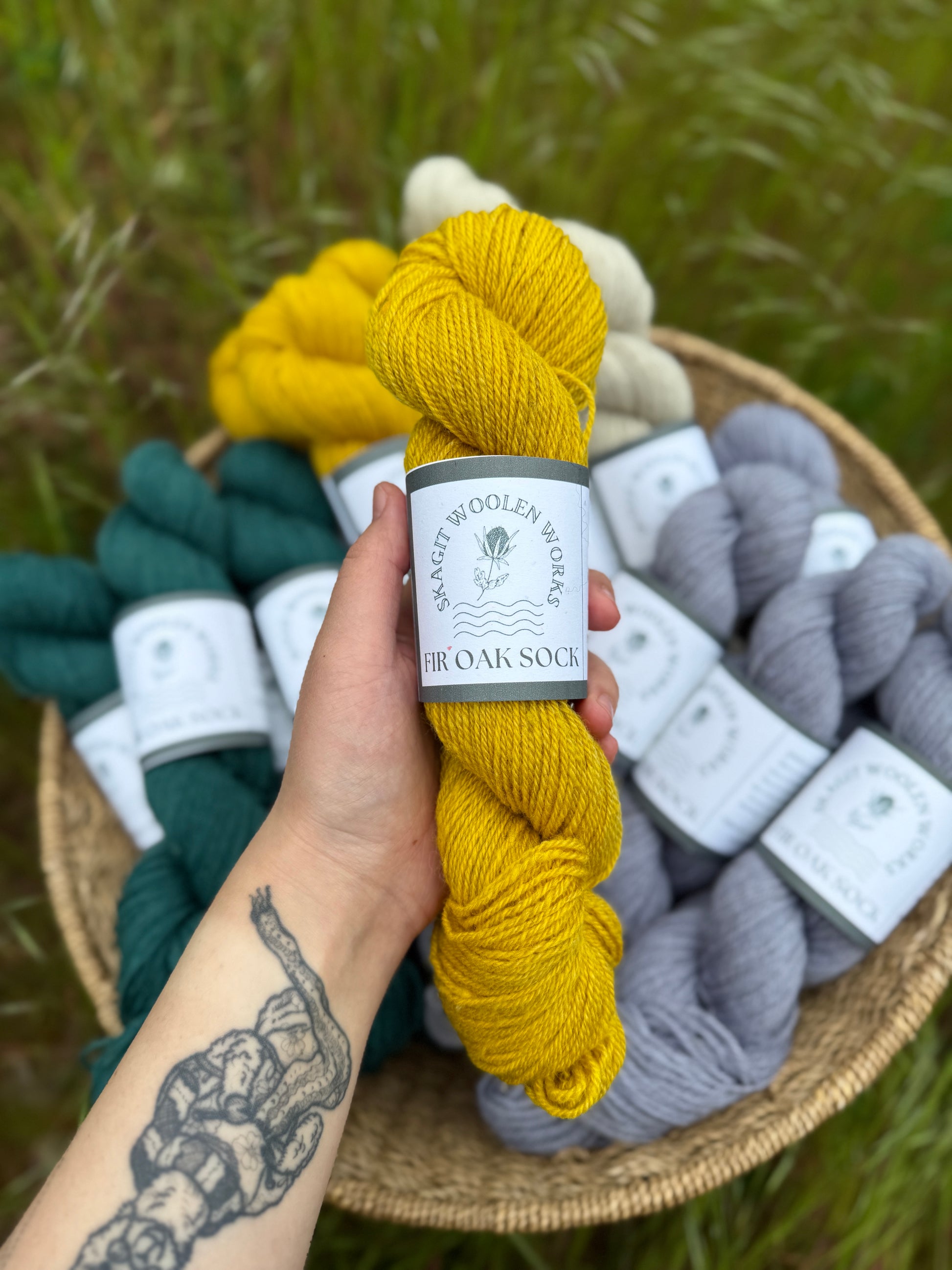 Hand holding a skein of a sunny yellow dyed Romney x Suffolk sock yarn.